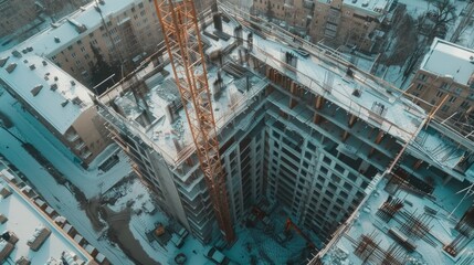 Poster - A crane towering over a busy construction site. Perfect for illustrating urban development projects