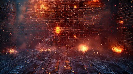 Poster - A room with a brick wall and multiple flames, suitable for various fiery concepts
