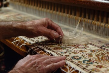 Canvas Print - Close up of a person operating a weaving machine. Suitable for textile industry concepts