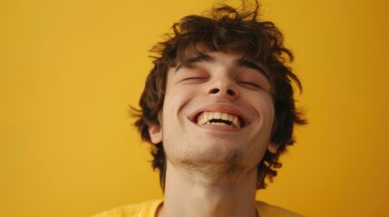 Aufkleber - A young man laughing with his eyes closed. Suitable for various concepts
