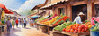 Watercolor village market with stalls of fresh produce and vibrant flowers.