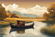 Illustration traveling boat in river, beautiful landscape, green trees, natural light, nature landscape background. Beautiful lake with a boat in mountain area. 