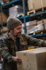 Aufkleber - A man holding a box in a warehouse. Suitable for logistics and storage concepts