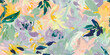 Colorful flowers on abstract brushstrokes background. Acrylic flowers, leaves, paint smears seamless pattern. Hand painted illustration for modern fabric, textile, backdrop etc design