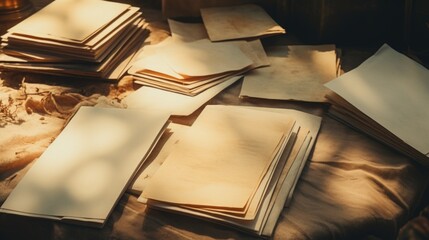 Aufkleber - A stack of papers on a wooden table. Suitable for office or education themes
