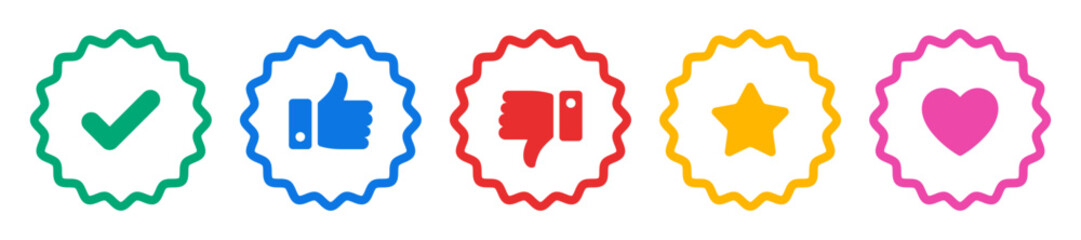 Aufkleber - Like, dislike, tick, heart and star icon thumbs up and thumbs down social media symbol set colorful outline rounded zig zag style on white background. Feedback and rating thumbs - Vector Icon