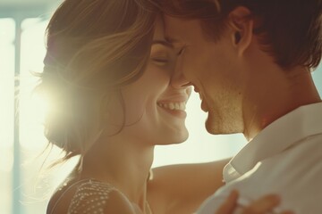 Poster - A man and a woman smiling at each other, perfect for relationship and happiness concepts