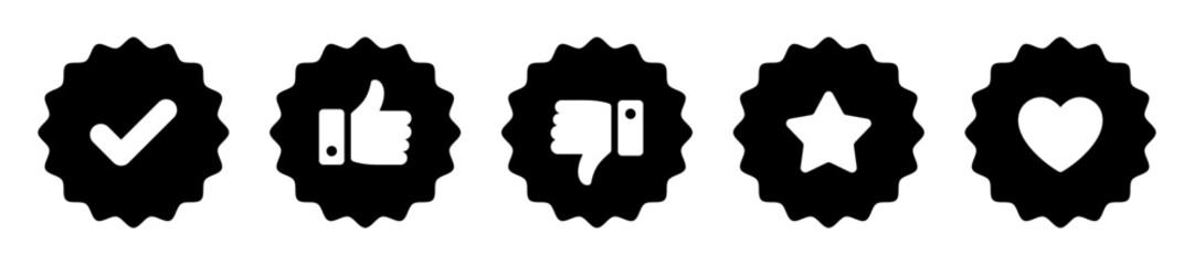 Fototapete - Like, dislike, tick, heart and star icon thumbs up and thumbs down social media symbol set in black and white color rounded zig zag style on white background. Feedback and rating thumbs - Vector Icon