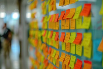 Poster - A wall covered in colorful post it notes with blurred people in the background. Suitable for office, brainstorming, and teamwork concepts