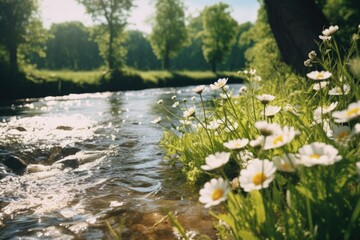 Poster - Peaceful stream flowing through vibrant green forest. Ideal for nature and environmental concepts
