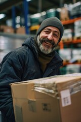 Aufkleber - A man holding a box in a warehouse. Perfect for logistics and storage concepts