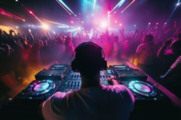 Canvas Print - A DJ mixing music in front of a lively crowd. Ideal for music events promotion