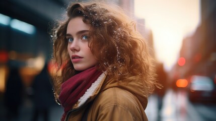 Poster - A woman standing on a city street covered in snow. Suitable for winter cityscape concepts