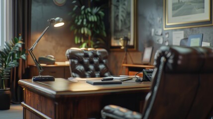 Poster - A simple image of a desk, lamp, and chair in a room. Ideal for interior design concepts