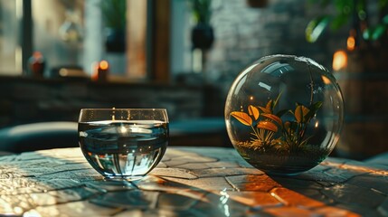 Poster - Clear glass of water on wooden table, suitable for hydration concept