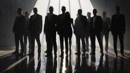 Poster - Business people standing in a dark room, suitable for corporate presentations