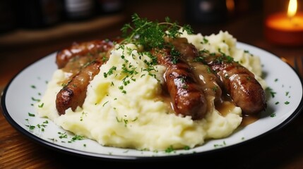 Poster - Delicious plate of mashed potatoes with sausages and gravy. Perfect for food blogs and restaurant menus