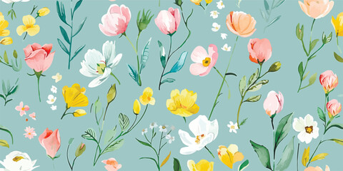 Wall Mural - Seamless watercolor floral pattern on a white background