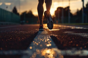 Poster - A person running on a wet road at sunset. Suitable for fitness and outdoor activities concepts