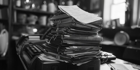 Aufkleber - Stack of papers on computer keyboard, suitable for office and technology concepts