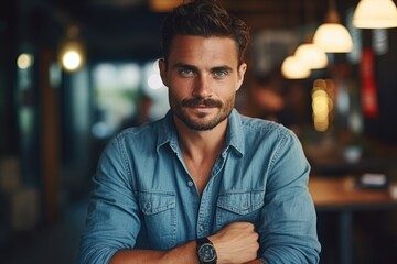 Aufkleber - A man in a denim shirt posing for a picture. Suitable for various commercial and casual concepts