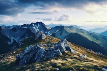 Aufkleber - A stunning aerial view of a mountain range. Perfect for travel websites and blogs