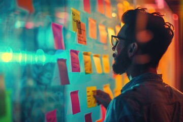Aufkleber - A man is seen writing on a wall covered in post it notes. Perfect for business or creativity concepts