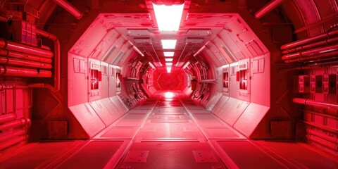 Poster - A red light shining through a tunnel in a space station. Suitable for science fiction concepts