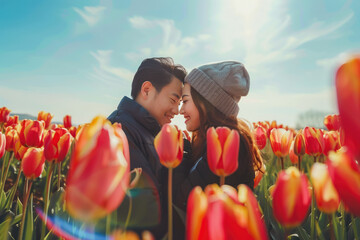 Happy beautiful asian couple in tulip flowers field. Spring tulips blossom