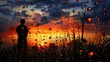 Captivating sunset silhouette of a man burdened by a heavy cloud teardrop-shaped raindrops lonely