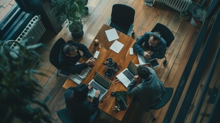 Top view: creative agency brainstorm meeting - planning, strategy, product launch roadmap discussion by team for new business development