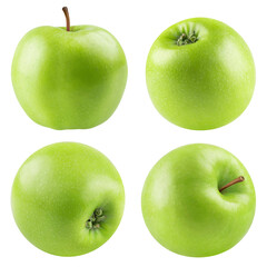 Wall Mural - set of green apples isolated on a transparent background, from different angles.