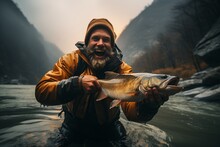 A Happy Man Is Standing In The River, Holding A Caught Fish In His Hands And Showing Off His Catch.