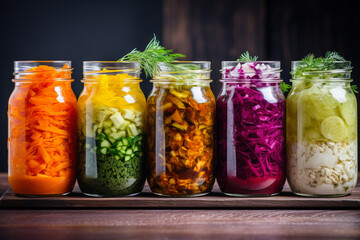 Row of glass jars with canned fermented vegetables.