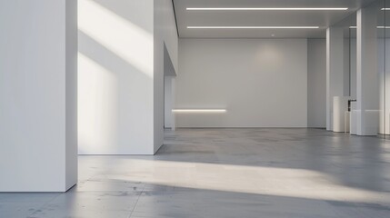 Poster - Scandinavian interior with white empty space, wooden flooring, and spacious wall - home nordic concept 3d render