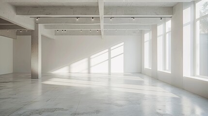 Poster - Scandinavian interior with white empty space, wooden flooring, and spacious wall - home nordic concept 3d render