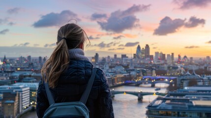 Young woman admiring london's sunset skyline: future, freedom, and business success concept with beautiful city background in gentle ligh