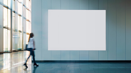 Wall Mural - blank advert mockup hanging on a wall in corporate building hallway. empty banner in office interior