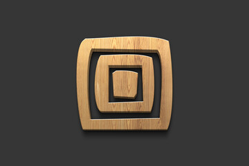 3D wooden logo of square symbol on dark grey background.