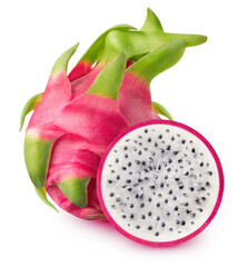 Wall Mural - Isolated dragonfruit. Whole and sliced of white fleshed pitahaya fruits isolated on white background with clipping path