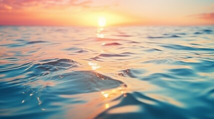 Wall Mural - Abstract nature summer or spring ocean sea background. Small waves on water surface in motion blur with bokeh lights from sunrise