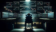 © Czintos Ödön - A person in a darkened room, head in hands, is illuminated only by the glow of multiple screens showing plummeting stock charts, AI-generated.