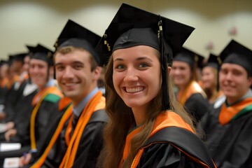 Wall Mural - A group of seniors attending MBA programs celebrating their graduation, wearing traditional caps and gowns.