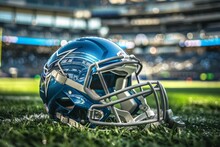 American Football Helmet On The Stadium Field. Background With Selective Focus And Copy Space