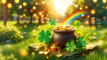 Pot Of Gold And Rainbow St. Patrick's Day On Park Background