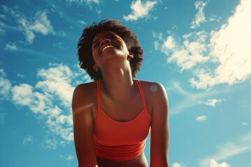 Poster - A young woman in a workout class. Background with selective focus and copy space