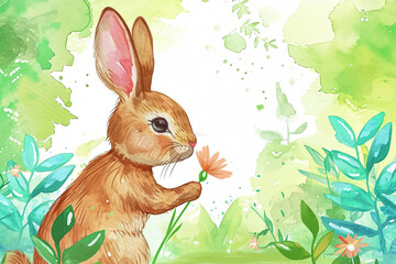 Wall Mural - A watercolor illustration of a bunny holding a flower, with a beautiful garden in the background