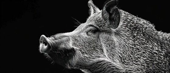 a black and white photo of a pig's face with its nose to the side of the pig's head.