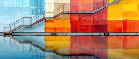 Wall Mural - color walls in the factory, industrial walls and stairs, light azure, amber, creations, maroon and yellow 