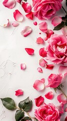 Wall Mural - Close up of blooming pink roses flowers and petals isolated on white table background. Floral frame composition. Decorative web banner. Empty space, flat lay, top view.